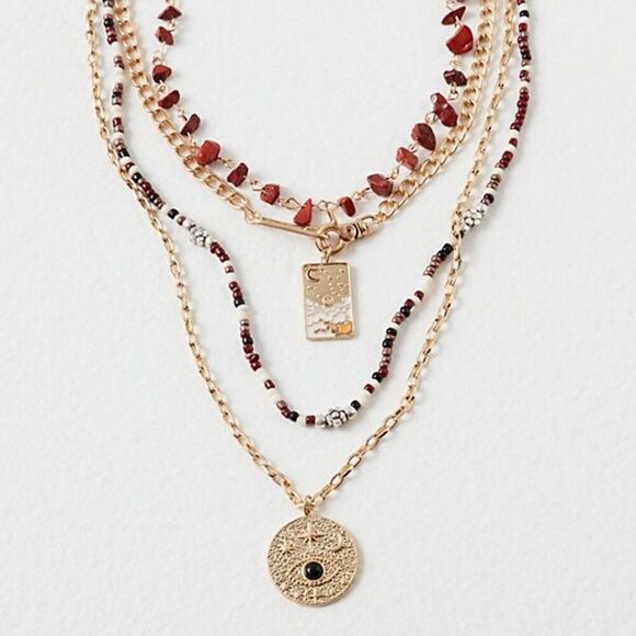 Free People Jewelry - FREE PEOPLE Little Island Charm Layered Necklace In Gold Burgundy Mix NWOT